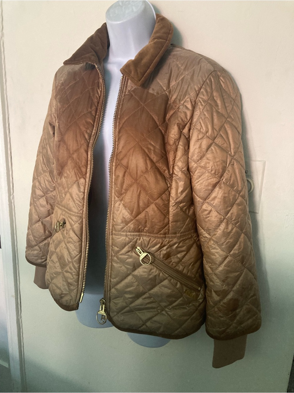 Barbour Quilted Jacket Fu$&@ed But Fabulous!  8 Bronze with velvet collar